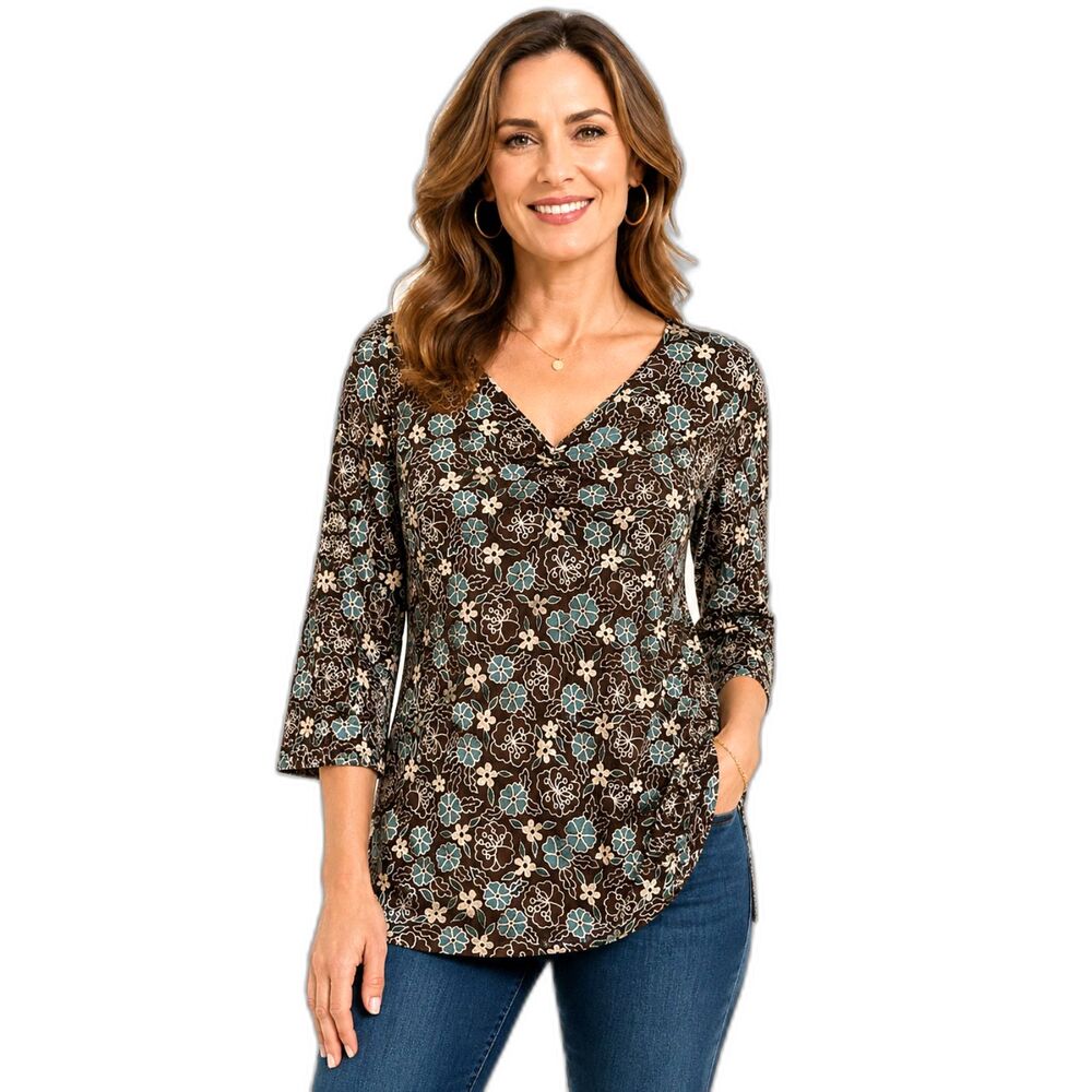 Vintage Y2K Liz Claiborne Floral Blouse XL Brown Turquoise Boho Print Ruched